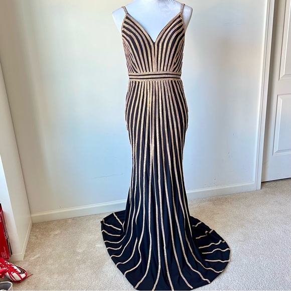 Jovani Dresses & Skirts - JOVANI Rhinestone Sleeveless V-Neck Deep Back Gold/Black Prom Dress—SZ. 8